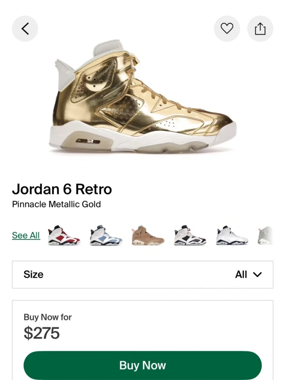 Jordan 6 retro pinnacle metallic gold 12 men’s sneakers